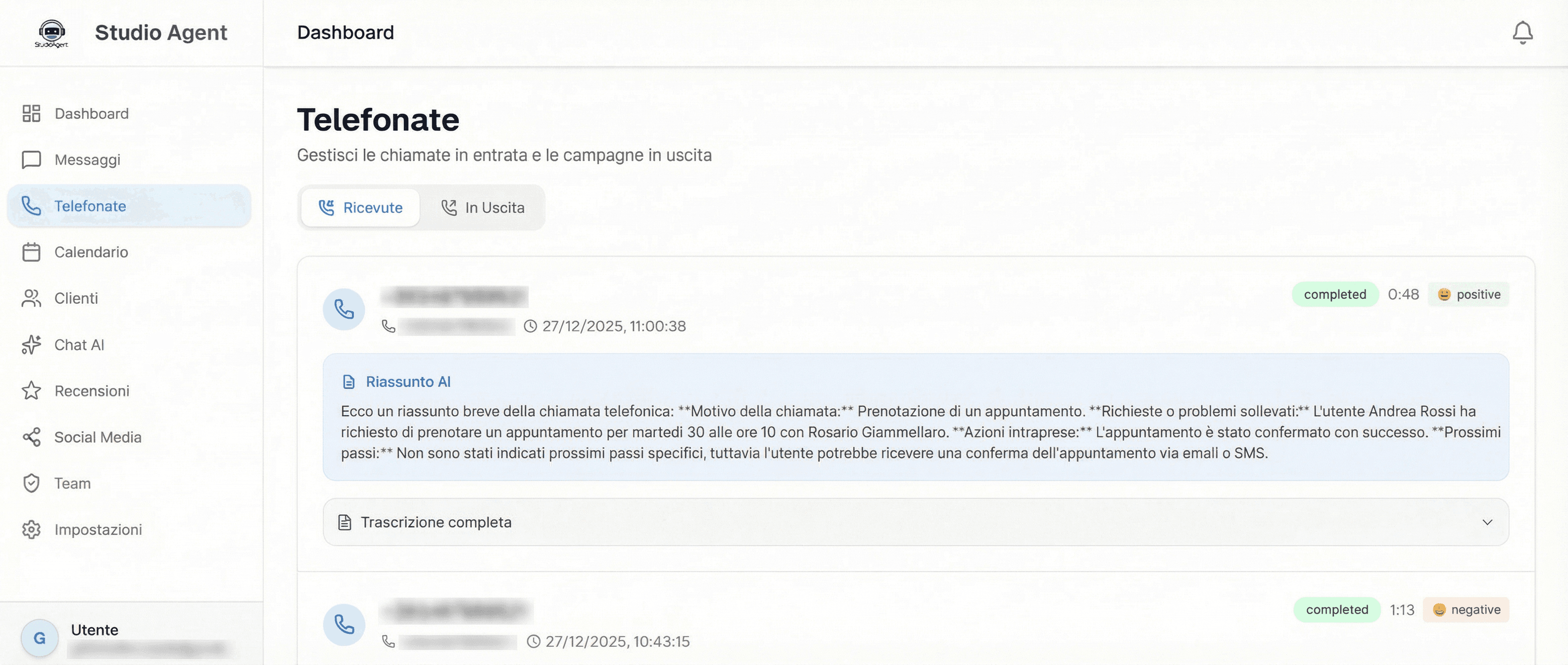 StudioAgent Dashboard - Assistente vocale AI per gestione telefonate condominio